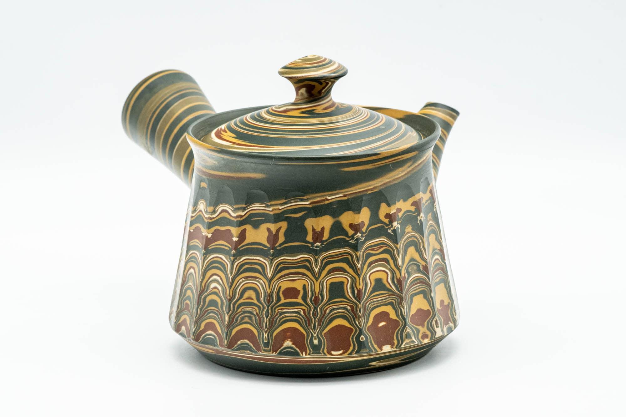 Japanese Kyusu - 沢田豊山 Sawada Toyoyama - Faceted Green Marbled Nerikomi Tokoname-yaki Debeso Teapot - 275ml