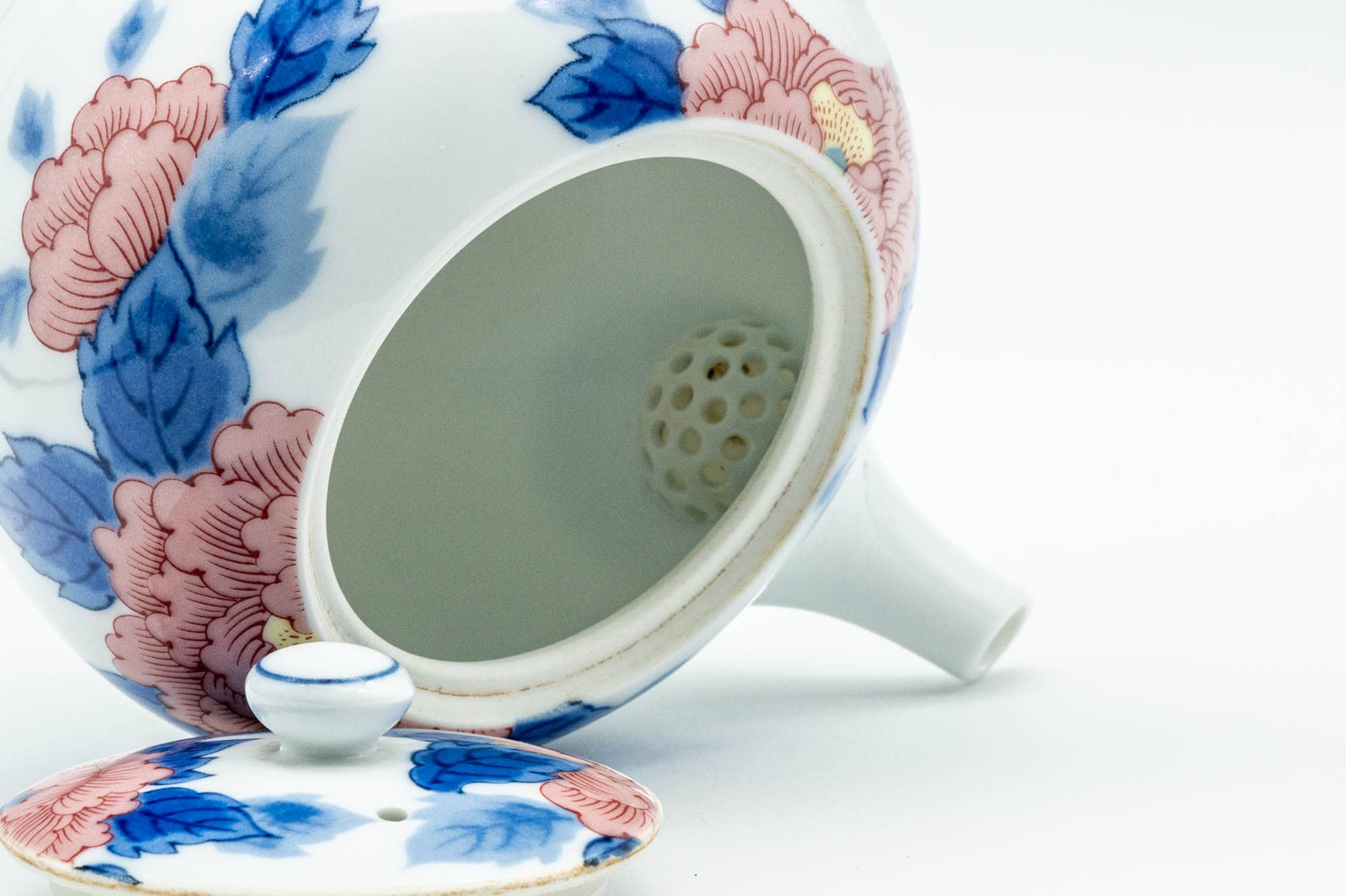 Japanese Kyusu - Blue Pink Floral Arita-yaki Porcelain Teapot - 300ml