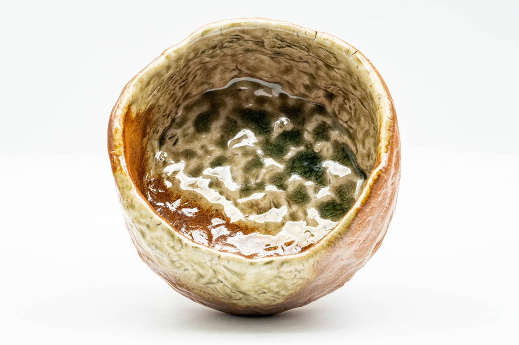Japanese Matcha Bowl - Green Orange Glazed Flat-Base Wabi-Sabi Chawan - 250ml