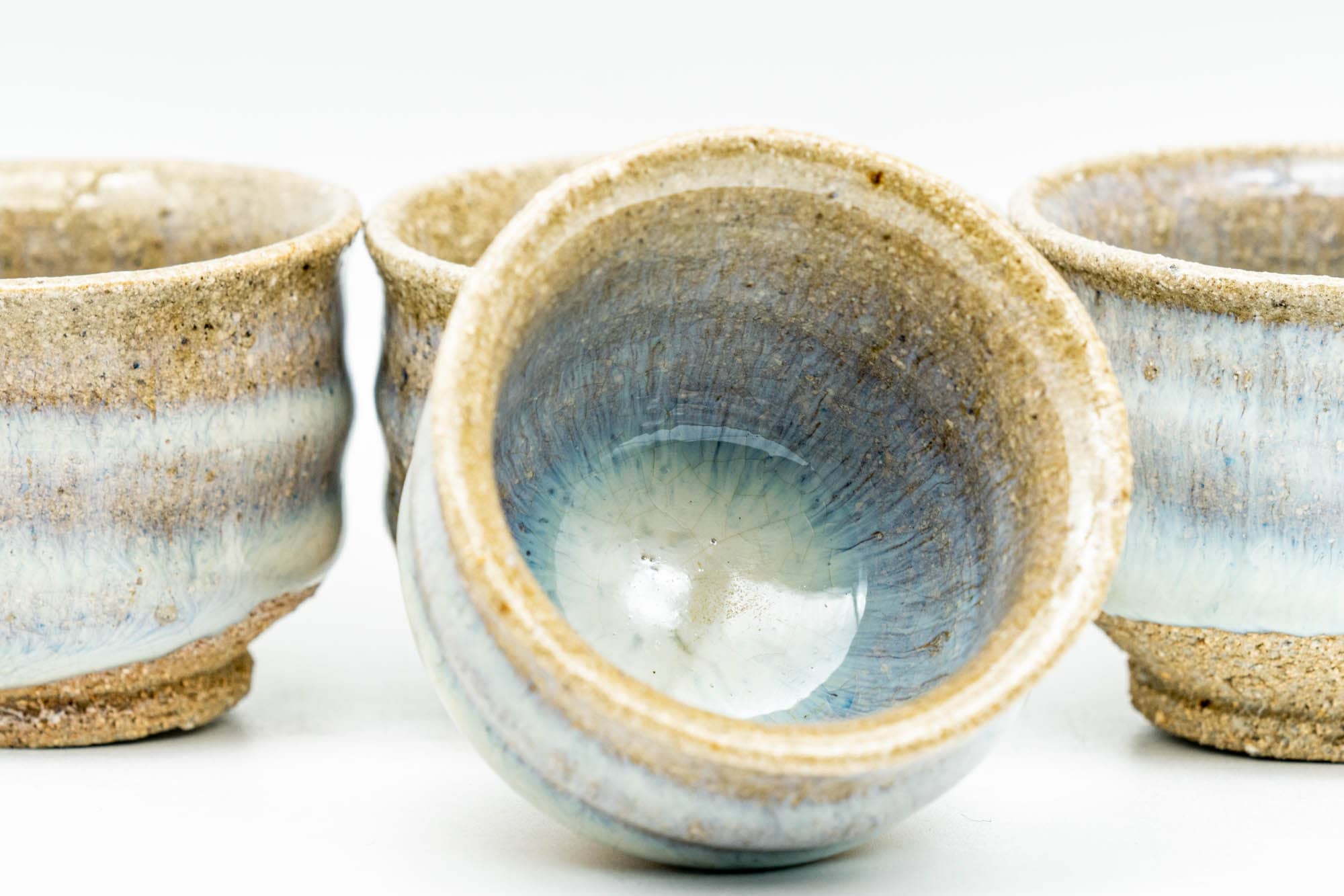 Japanese Teacups - Set of 5 Blue Milky White Drip-Glazed Guinomi - 35ml