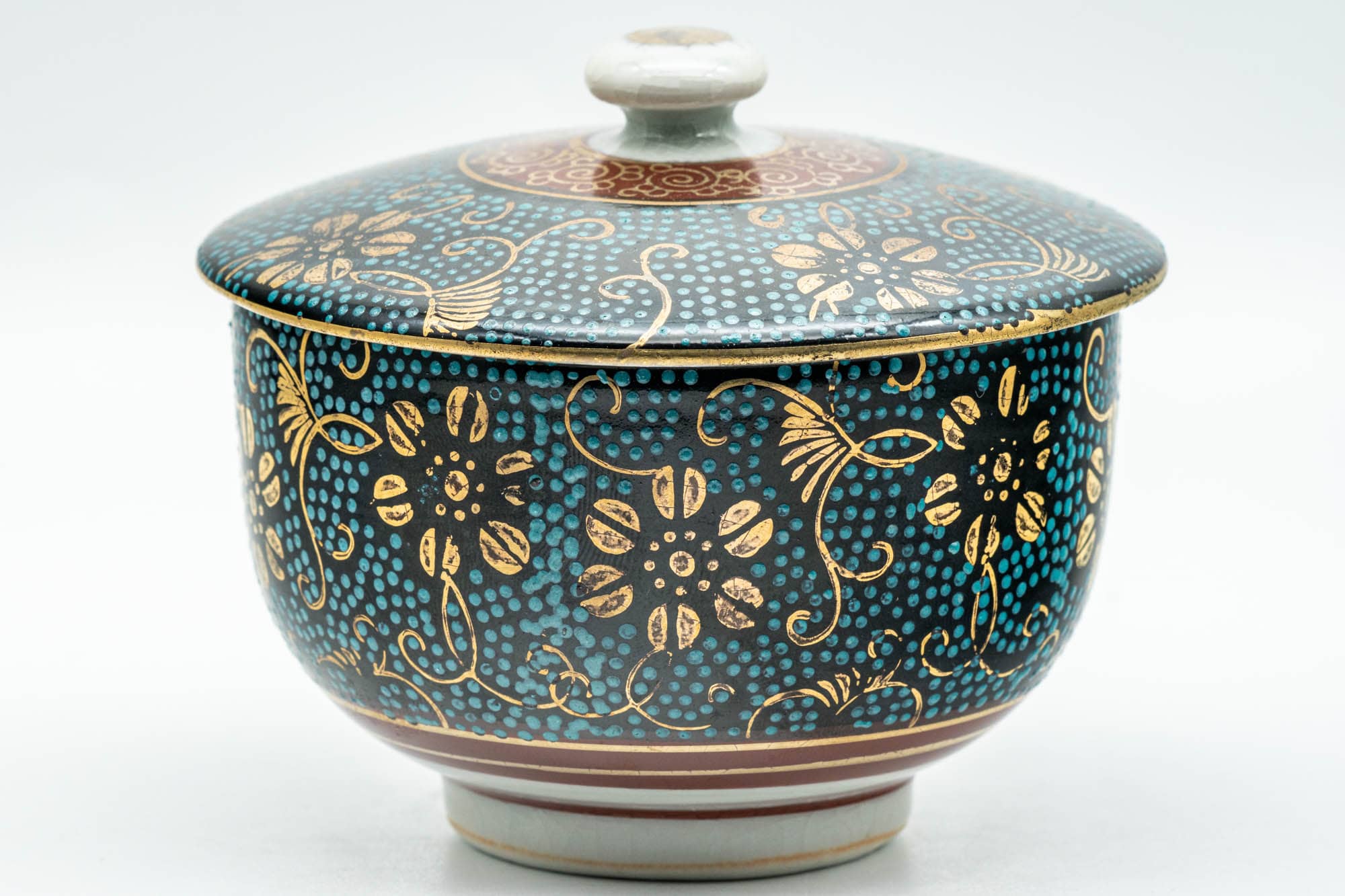 Japanese Teacup - 九谷焼 Floral Aochibu Kutani-yaki Porcelain Lidded Yunomi - 120ml