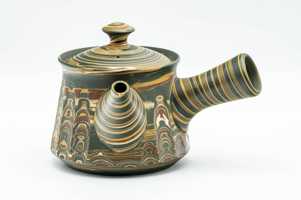 Japanese Kyusu - 沢田豊山 Sawada Toyoyama - Faceted Green Marbled Nerikomi Tokoname-yaki Debeso Teapot - 275ml
