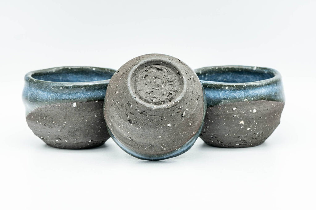 Japanese Teacups - Set of 3 Blue Celadon Snowflake Glazed Stoneware Guinomi - 60ml