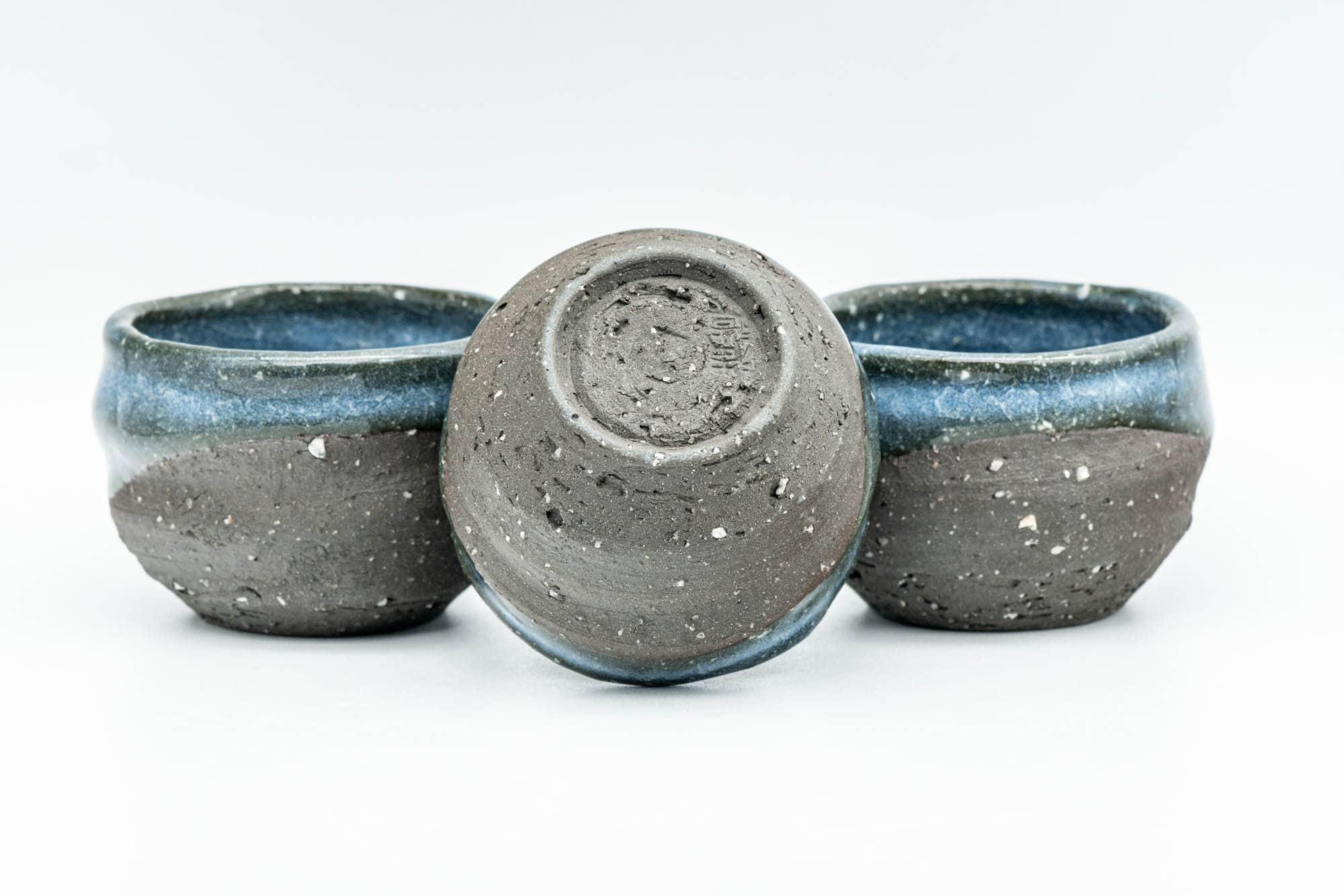 Japanese Teacups - Set of 3 Blue Celadon Snowflake Glazed Stoneware Guinomi - 60ml