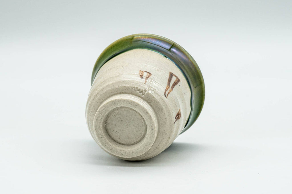 Japanese Teacup - Beige Green Drip-Glazed Geometric Oribe-yaki Yunomi - 70ml
