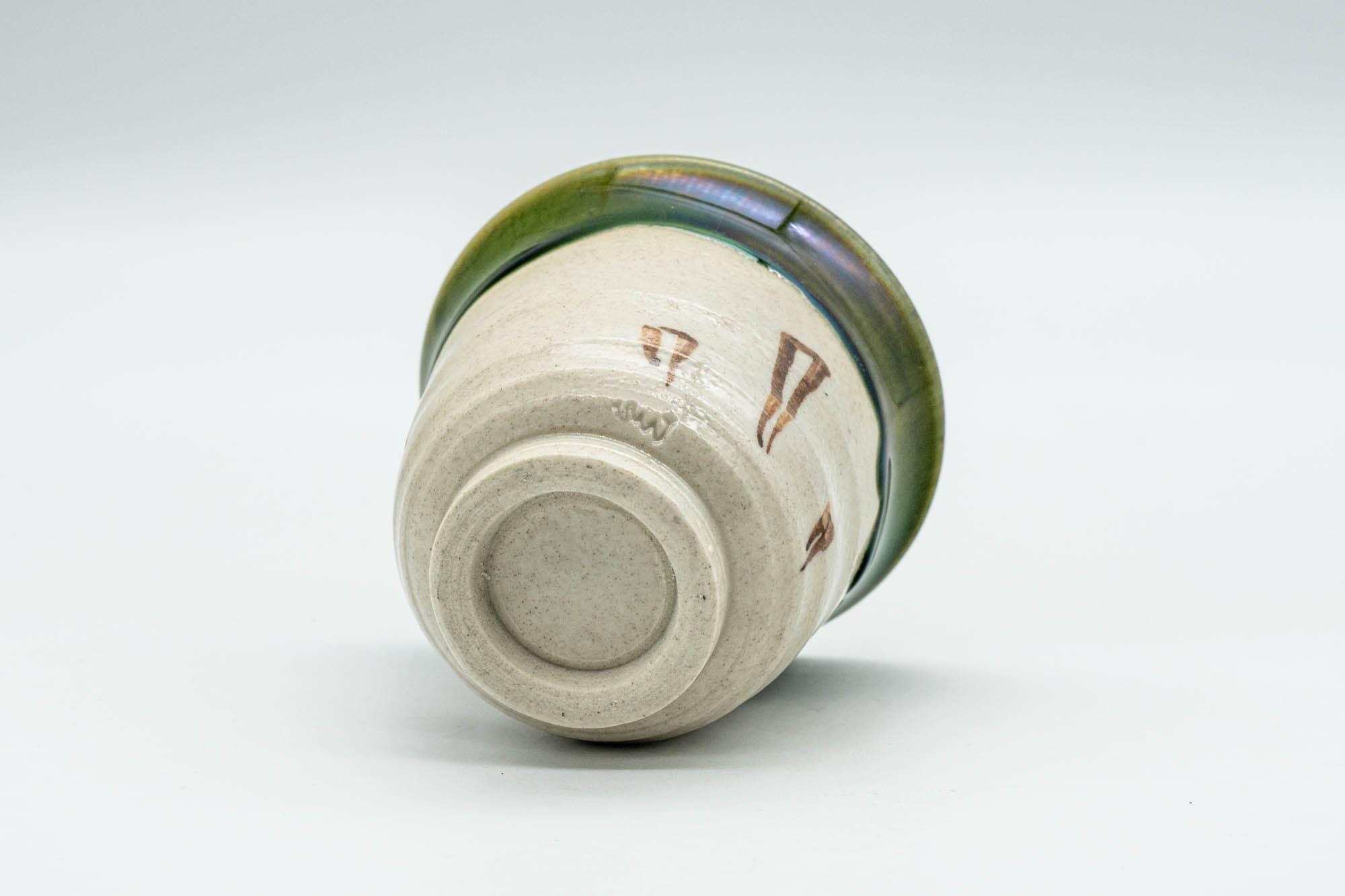 Japanese Teacup - Beige Green Drip-Glazed Geometric Oribe-yaki Yunomi - 70ml