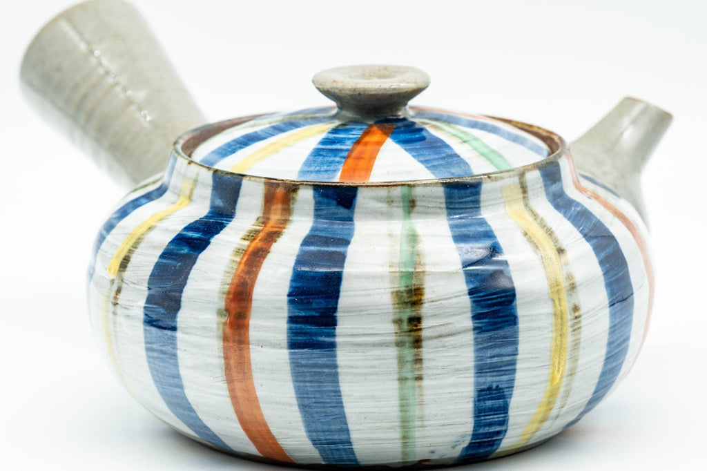 Japanese Kyusu - Colourfully Striped Grey Ceramic Debeso Filtered Teapot - 350ml