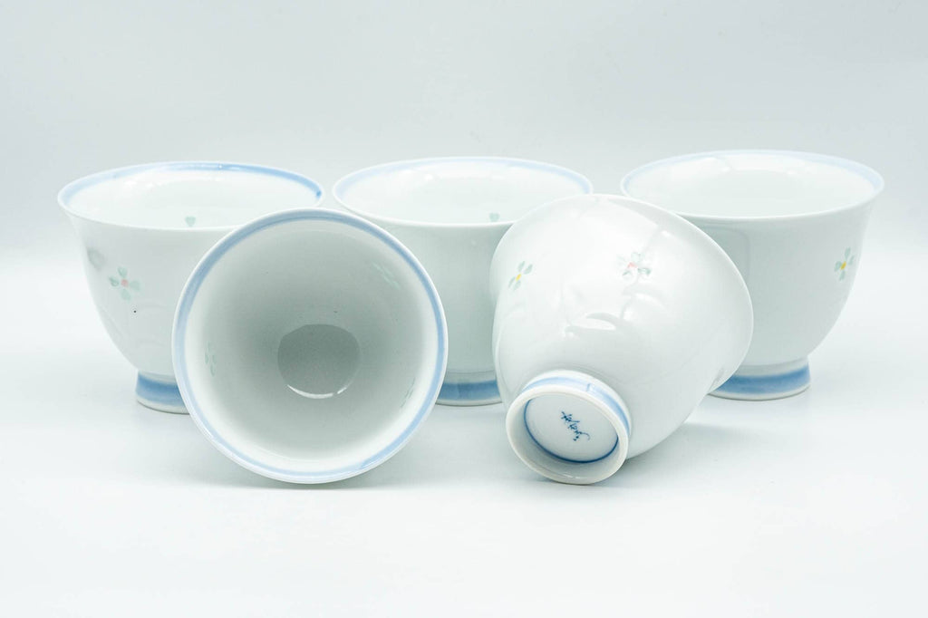 Japanese Tea Set - Floral White Arita-yaki Porcelain Kyusu Teapot with 5 Yunomi Teacups