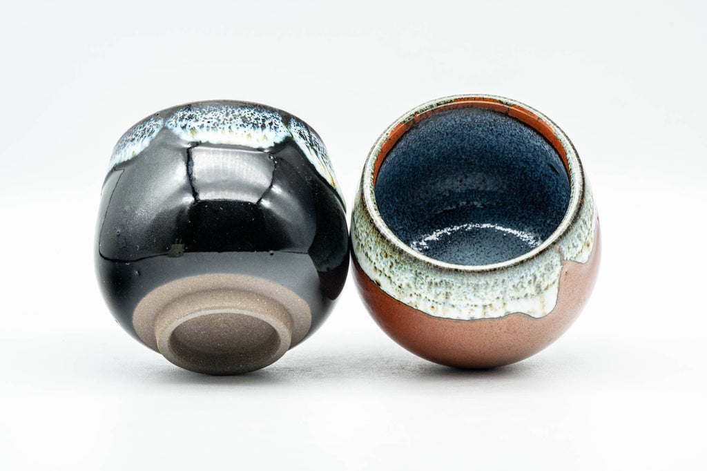 Japanese Teacups - Pair of Black and Red White Drip-Glazed Yunomi - 110ml