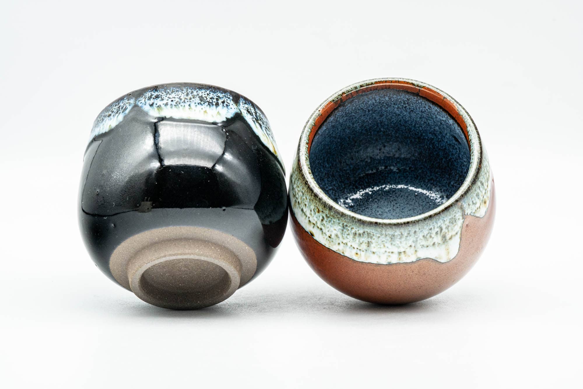 Japanese Teacups - Pair of Black and Red White Drip-Glazed Yunomi - 110ml