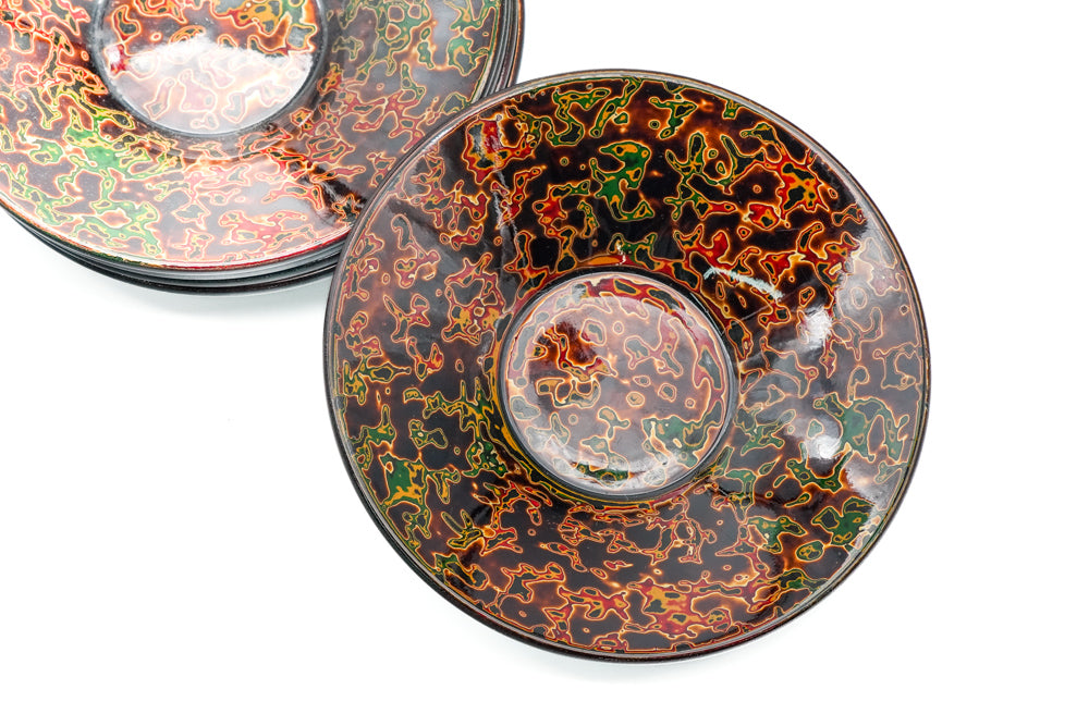 Japanese Chataku - Set of 5 Orange Green Kara-nuri Lacquer Tea Saucers