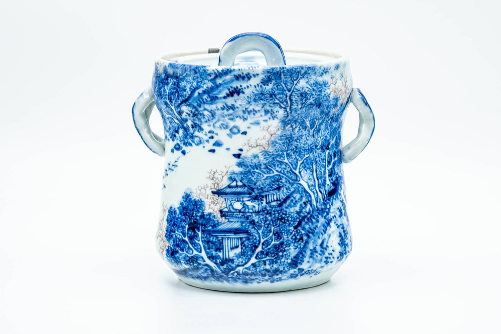 Japanese Mizusashi - Blue Kanji Mountainous Porcelain Fresh Water Container - 1100ml
