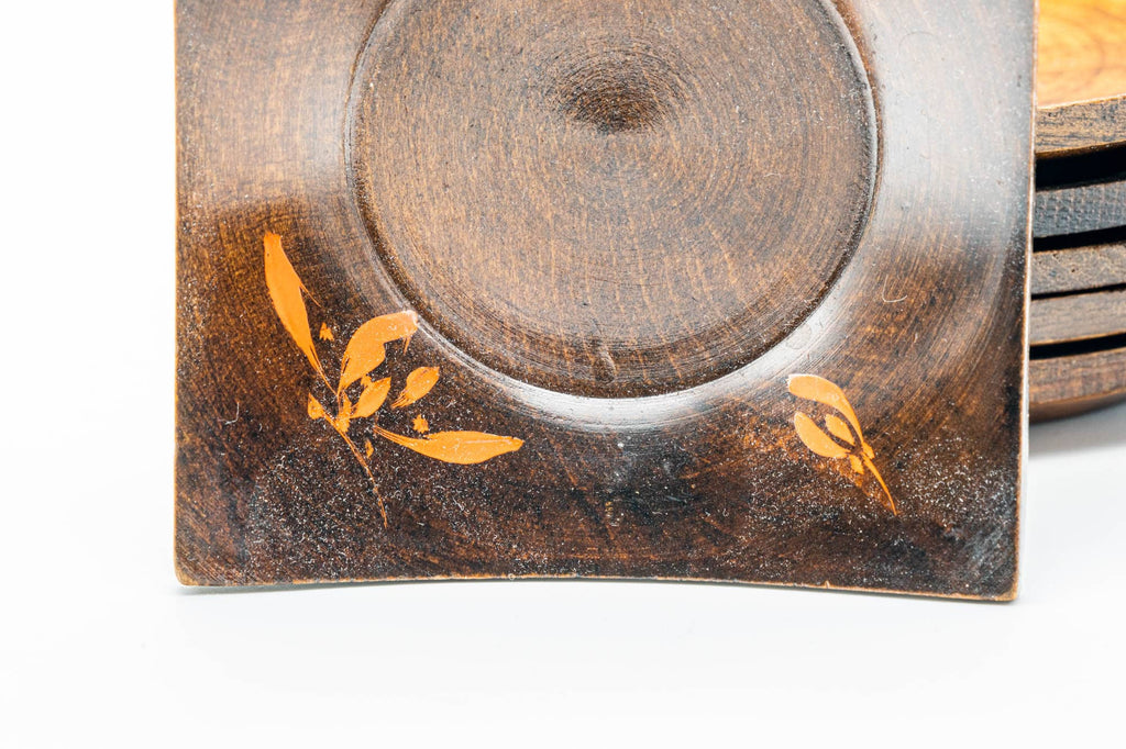 Japanese Chataku - Set of 6 Small Floral Square-shaped Wooden Tea Saucers