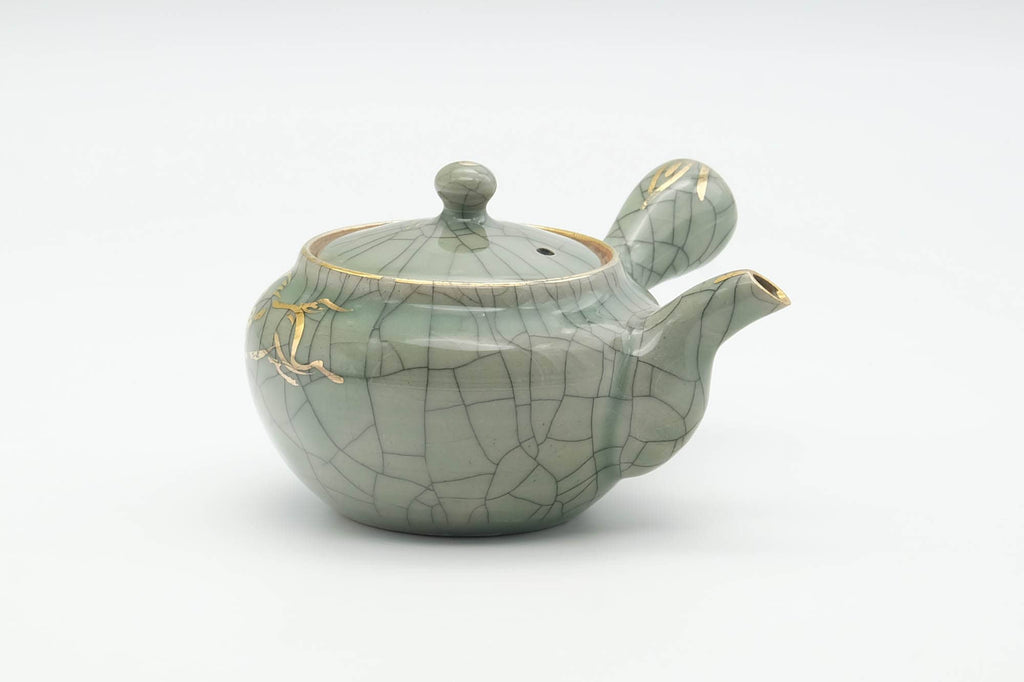 Japanese Kyusu - Golden Horse Green Celadon Glazed Obori Soma-yaki Porcelain Teapot - 200ml