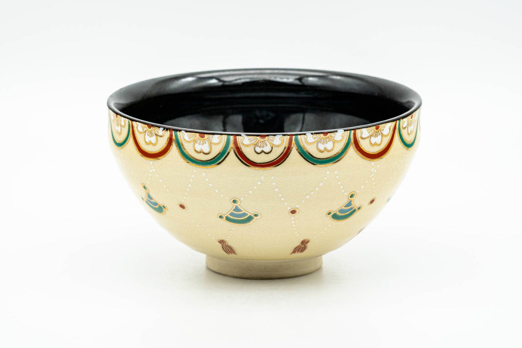 Japanese Matcha Bowl - Sakura Cherry Blossoms Geometric Black Inner-Glazed Kyo-yaki Chawan - 250ml