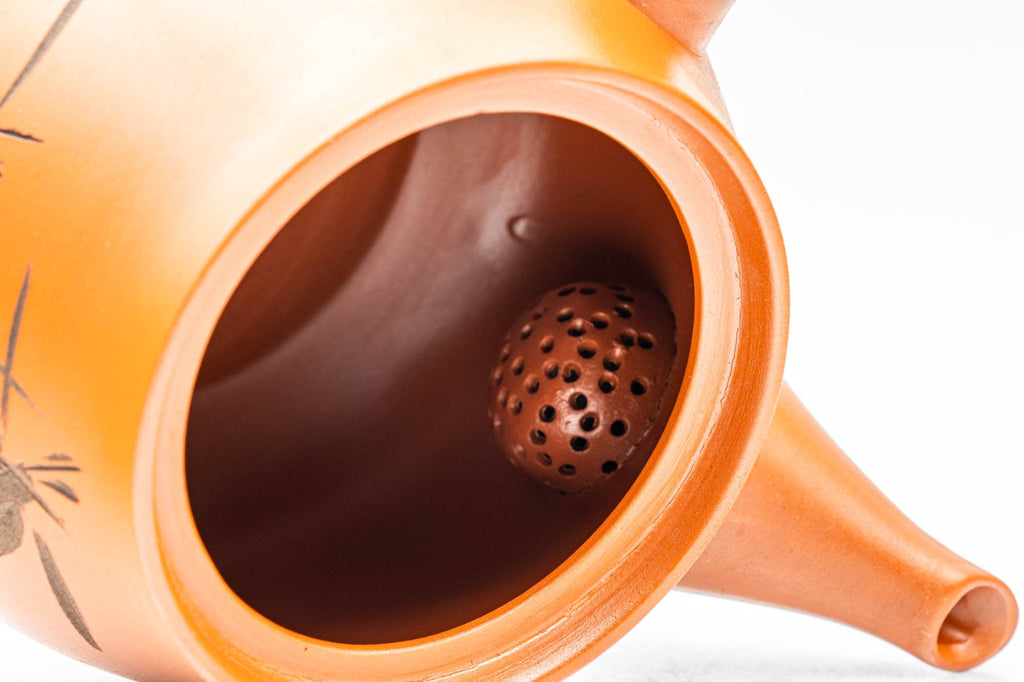 Japanese Kyusu - Bamboo Engraved Red Shudei Tokoname-yaki Ceramic Filter Teapot - 315ml