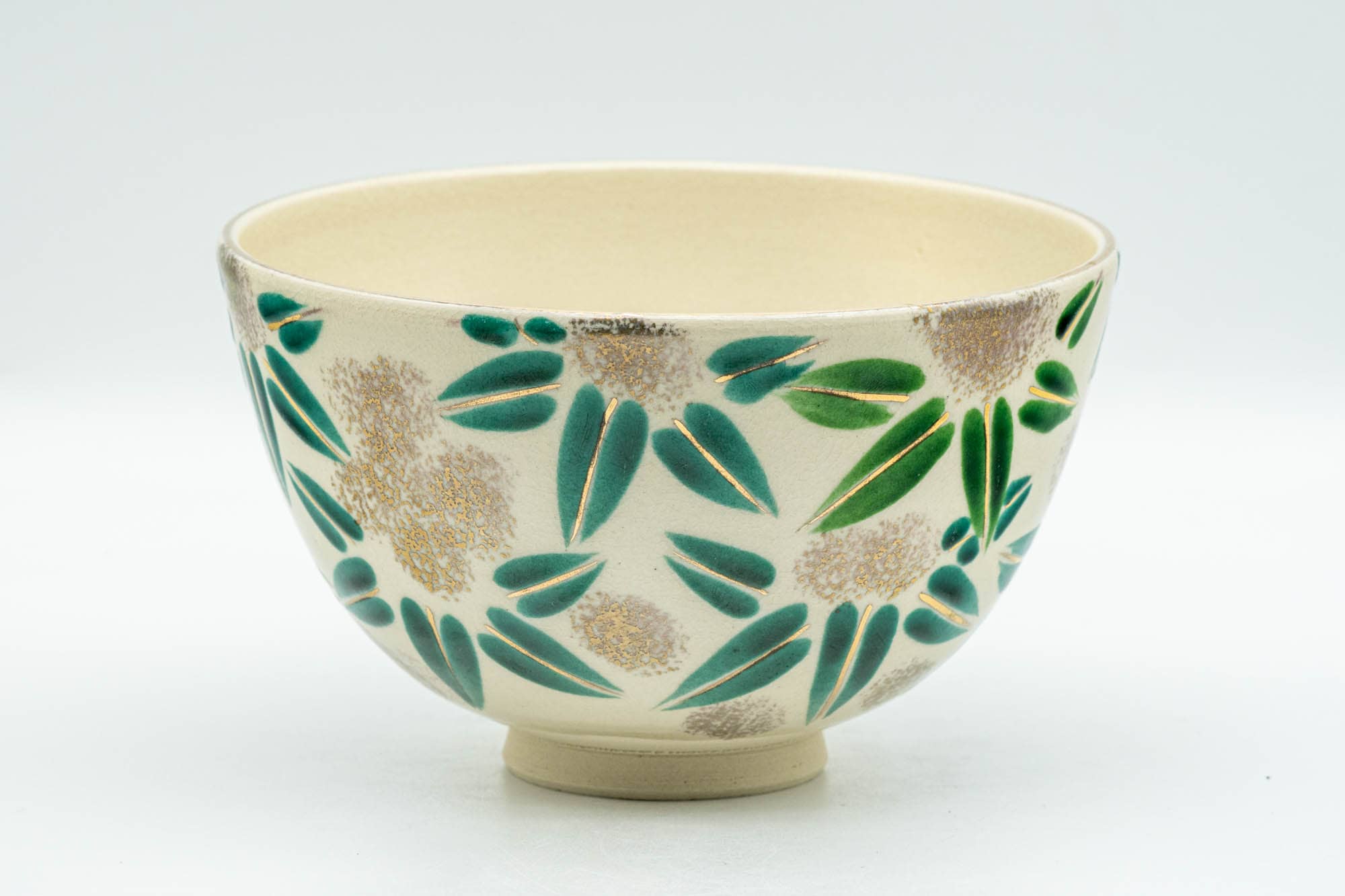 Japanese Matcha Bowl - Gold Green Floral Kyo-yaki Chawan - 300ml