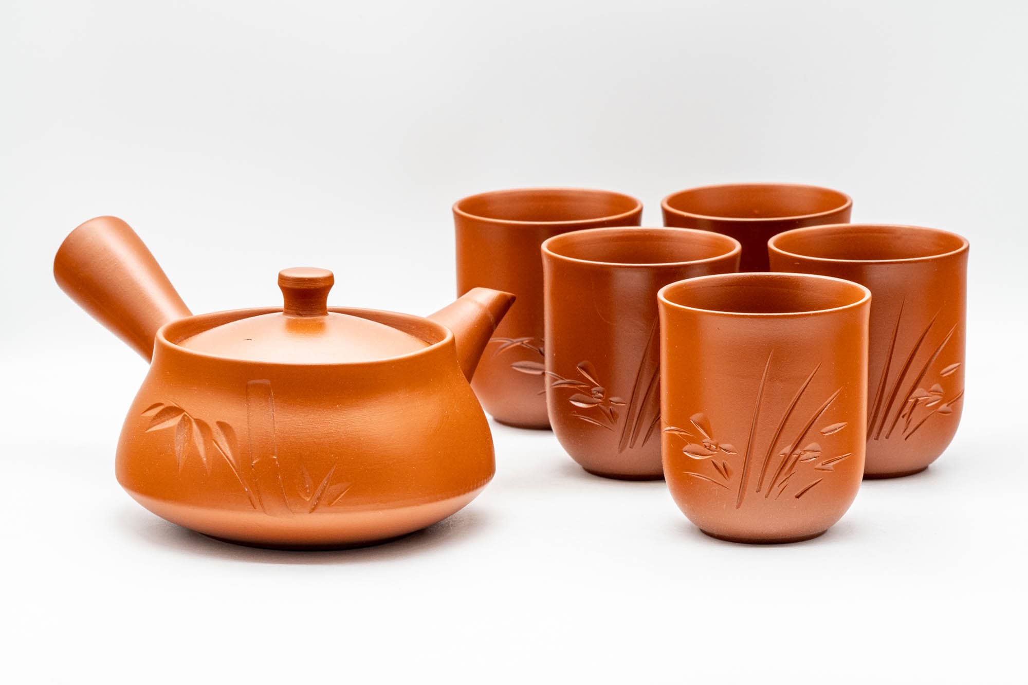 Japanese Tea Set - Long Grass Engraved Tokoname-yaki Debeso Kyusu Teapot with 5 Yunomi Teacups