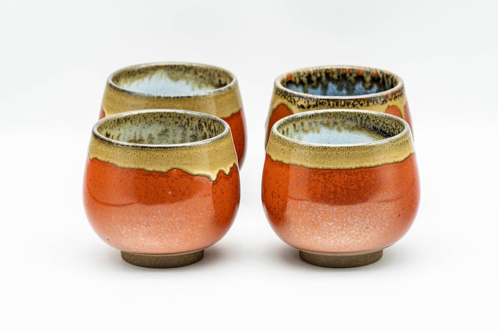 Japanese Tea Set - Red Drip-Glazed Agano-yaki Dobin Teapot and 4 Yunomi Teacups