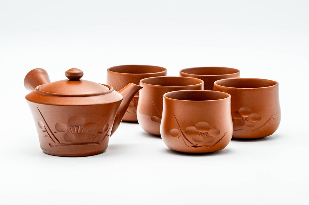 Japanese Tea Set - Floral Engraved Tokoname-yaki Kyusu Teapot with 5 Yunomi Teacups