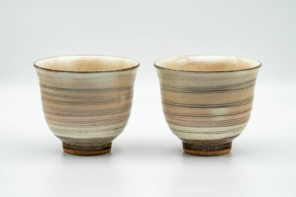 Japanese Teacups - Pair of Beige Pink Glazed Spiraling Yunomi - 150ml