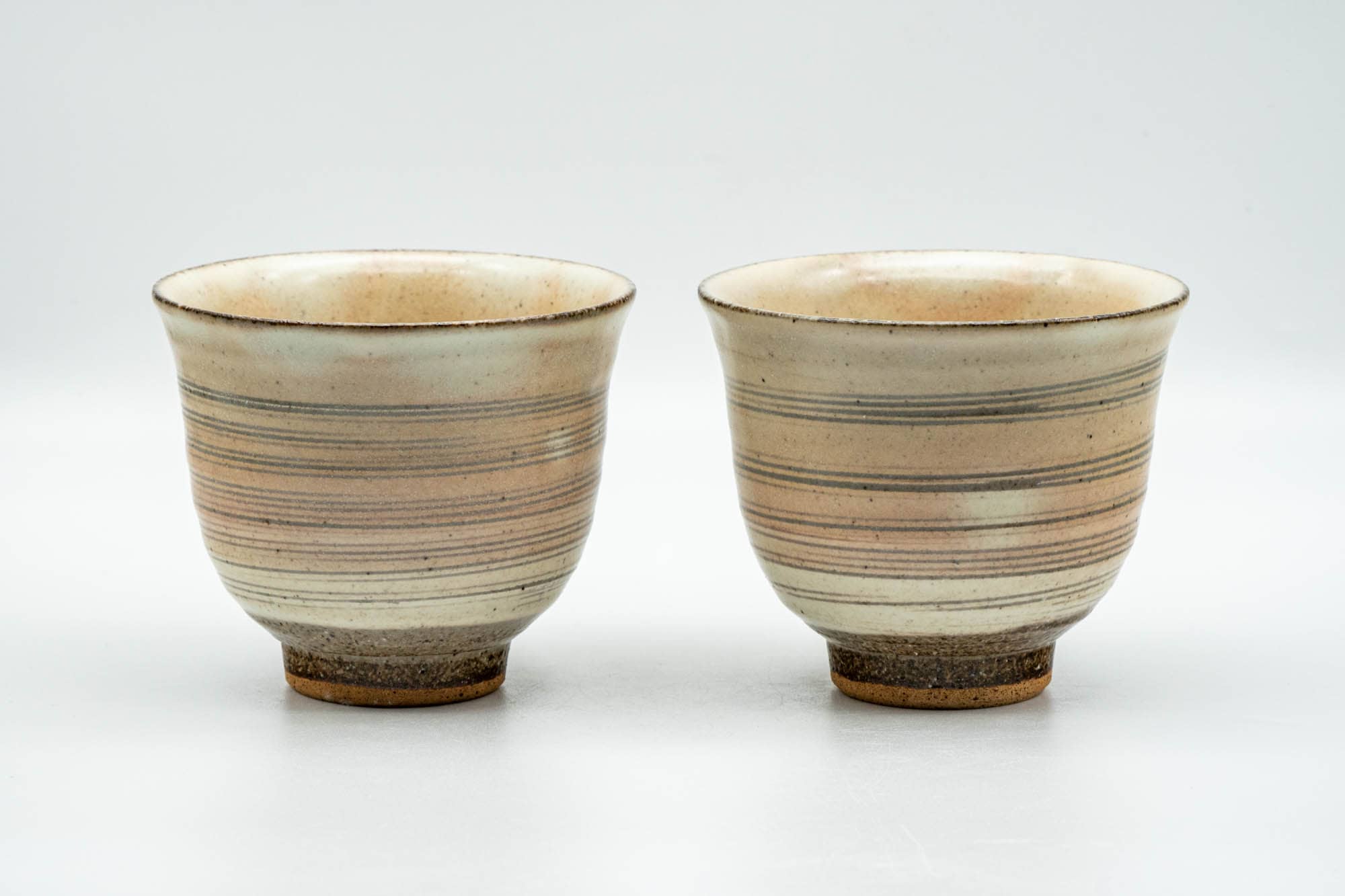 Japanese Teacups - Pair of Beige Pink Glazed Spiraling Yunomi - 150ml
