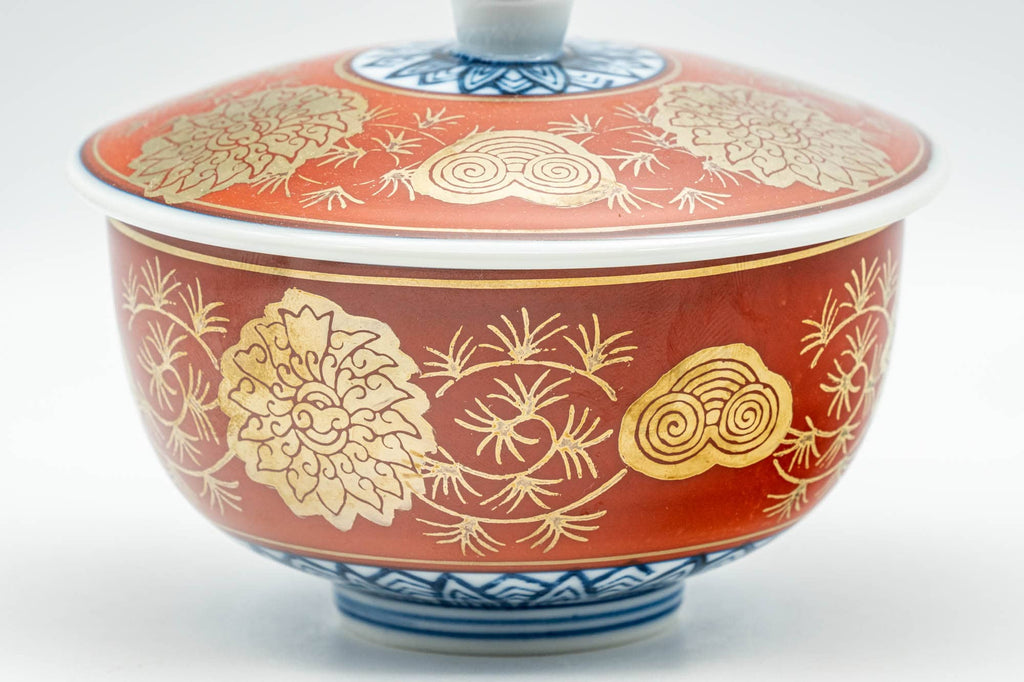 Japanese Teacup - Red, Blue, and Gold Floral Geometric Arita-yaki Lidded Yunomi - 160ml