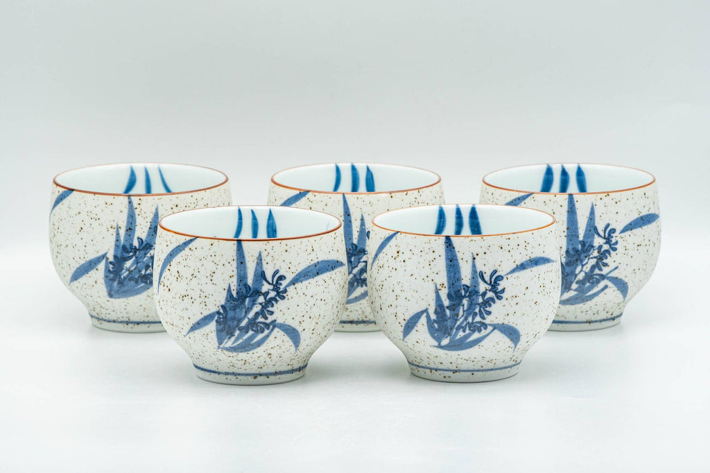 Japanese Tea Set - Blue Floral White Matte Glazed Arita-yaki Debeso Kyusu Teapot and 5 Yunomi Teacups