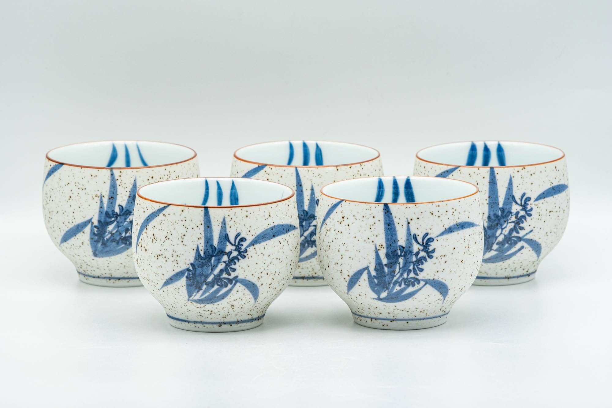 Japanese Tea Set - Blue Floral White Matte Glazed Arita-yaki Debeso Kyusu Teapot and 5 Yunomi Teacups