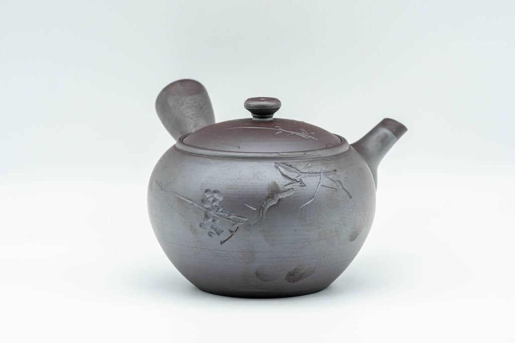 Japanese Tea Set - Engraved Banko-yaki Debeso Kyusu Teapot with Katakuchi Water Cooler and 2 White Inner-Glazed Yunomi Teacups