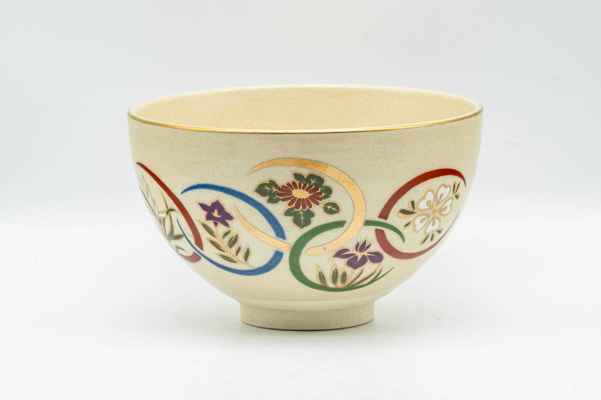 Japanese Matcha Bowl - Floral Geometric Multi-coloured Kyo-yaki Chawan - 300ml
