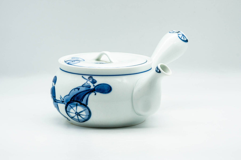 Japanese Kyusu - Blue Rickshaw Lamp Decorated White Porcelain Arita-yaki Debeso Teapot - 400ml