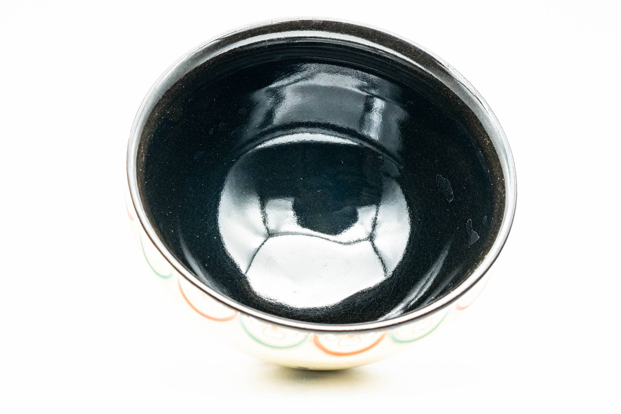 Japanese Matcha Bowl - Sakura Cherry Blossoms Geometric Black Inner-Glazed Kyo-yaki Chawan - 250ml