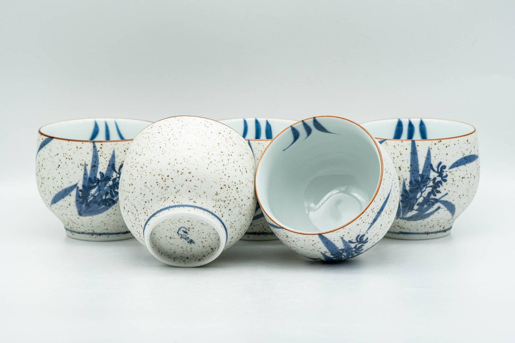 Japanese Tea Set - Blue Floral White Matte Glazed Arita-yaki Debeso Kyusu Teapot and 5 Yunomi Teacups