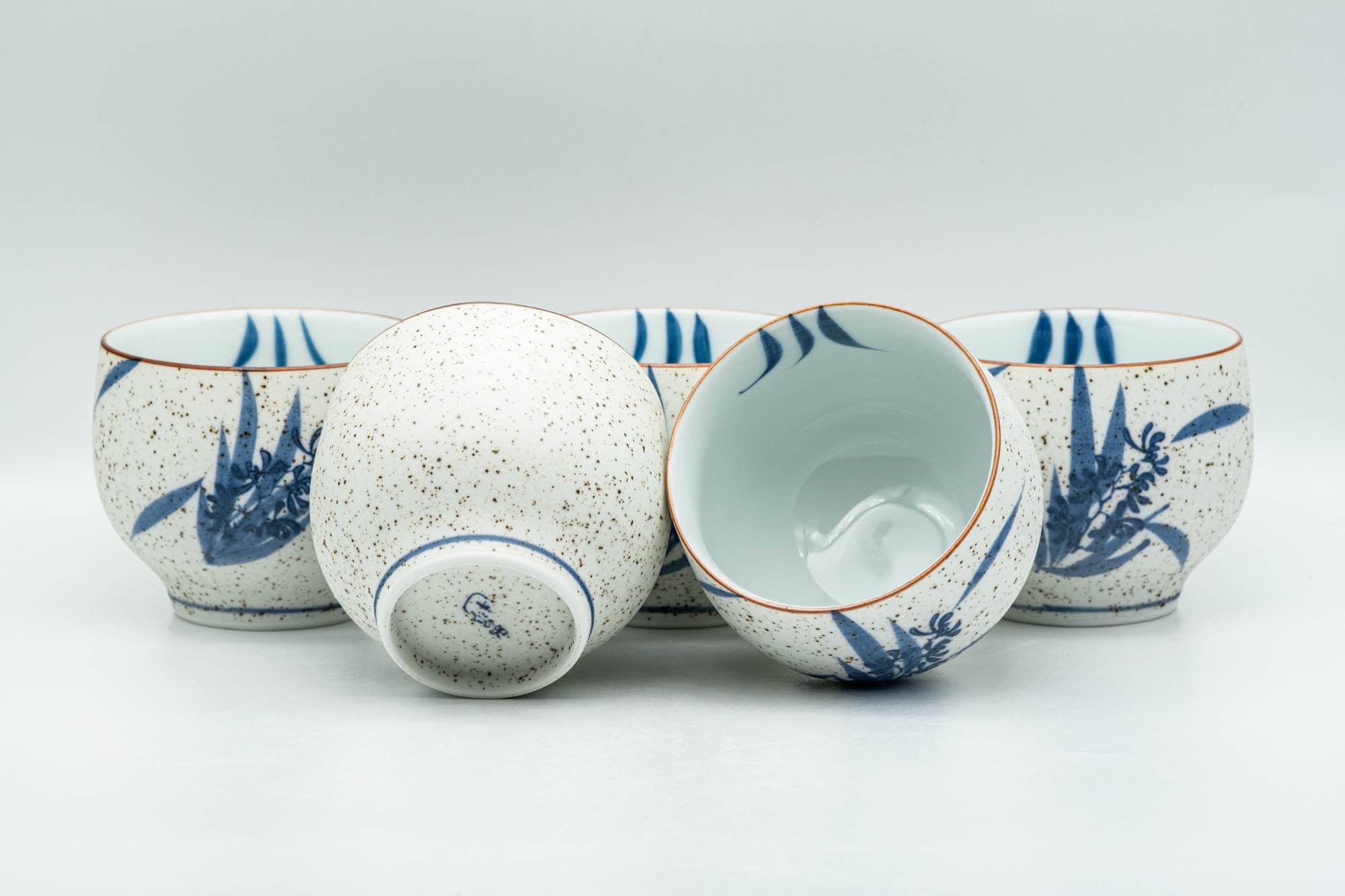 Japanese Tea Set - Blue Floral White Matte Glazed Arita-yaki Debeso Kyusu Teapot and 5 Yunomi Teacups