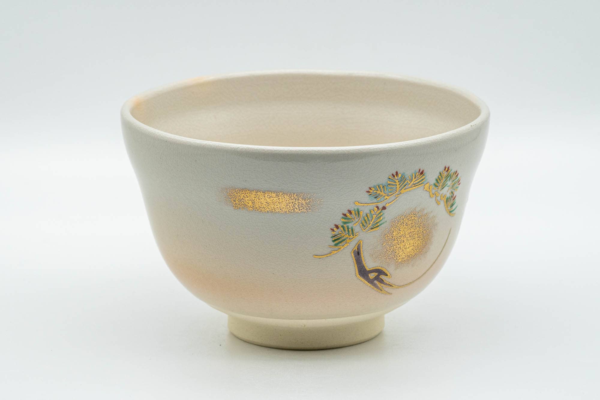 Japanese Matcha Bowl - Beige Gold Bamboo Floral Kyo-yaki Chawan - 350ml