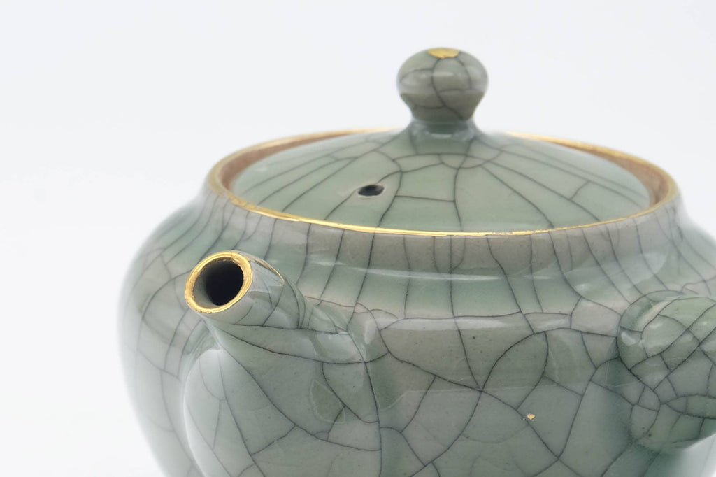 Japanese Kyusu - Golden Horse Green Celadon Glazed Obori Soma-yaki Porcelain Teapot - 200ml