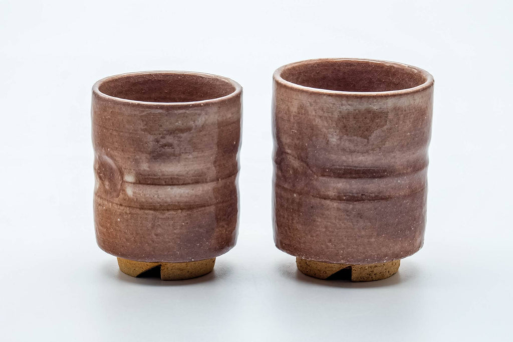 Japanese Teacups - Pair of Beige White Drip-Glazed Waisted Hagi-yaki Meoto Yunomi