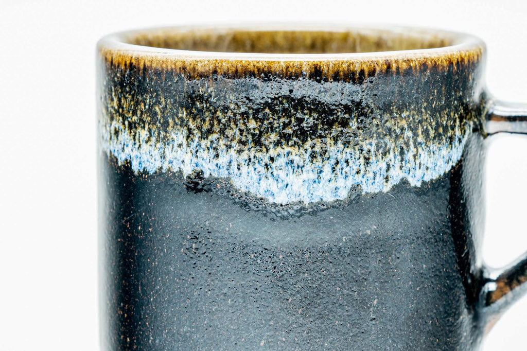 Japanese Teacup - Jet Black Blue Hare's Fur Drip-Glazed Ushirode Yunomi - 140ml