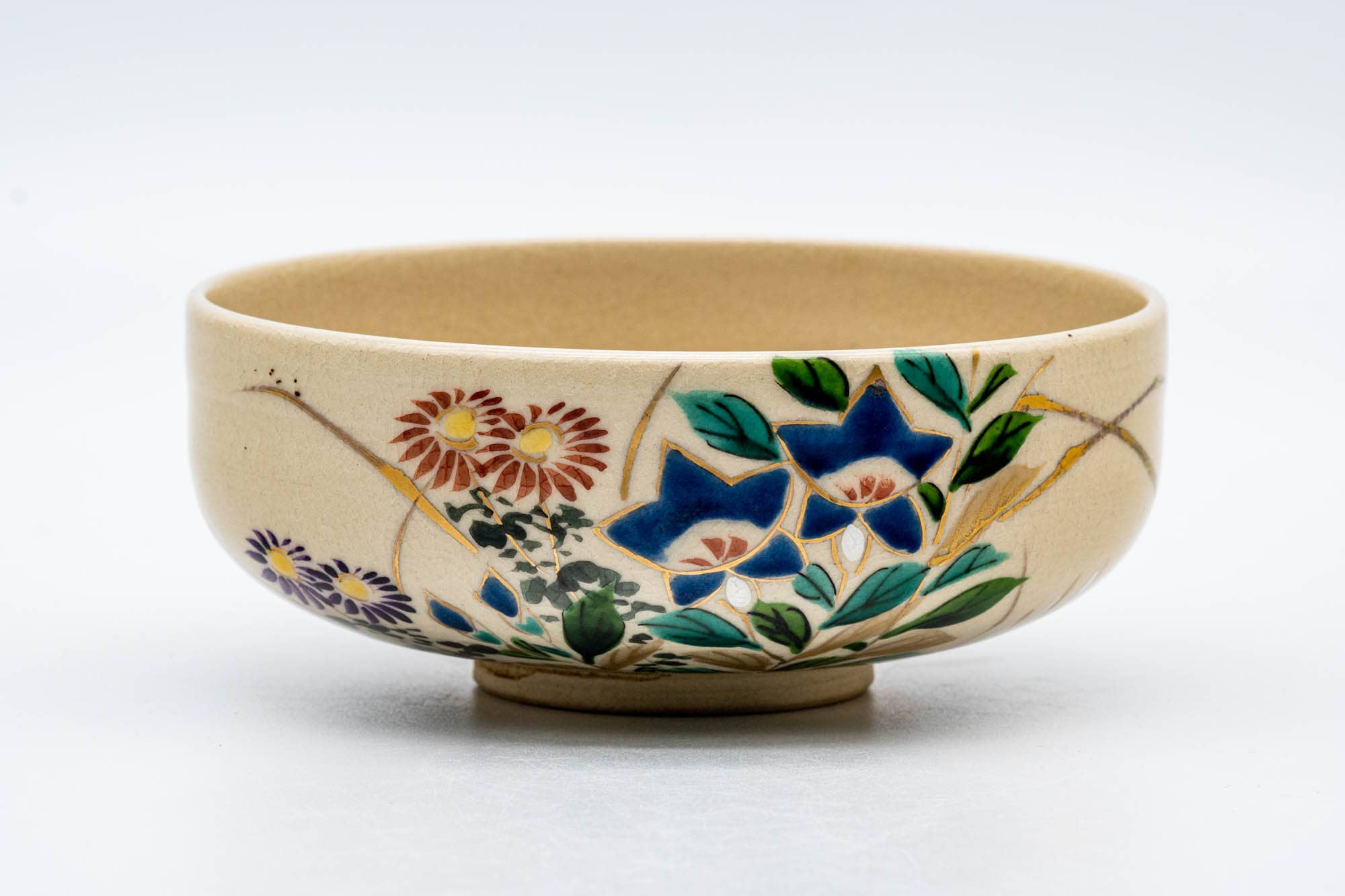Japanese Matcha Bowl - Beige Blue Floral Kyo-yaki Summer Chawan - 200ml