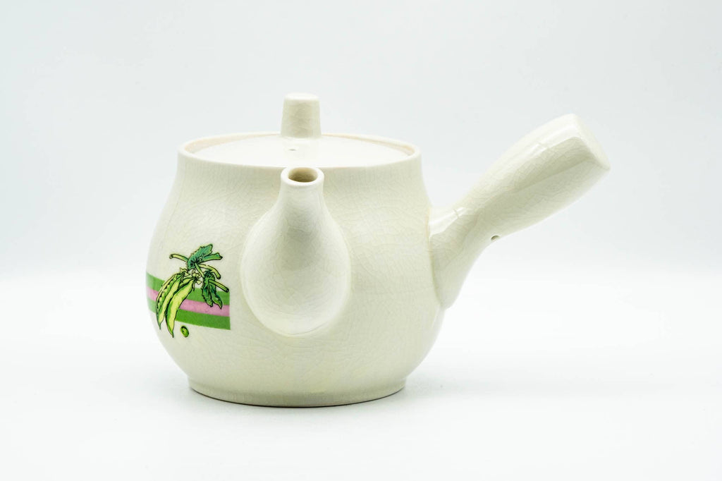 Japanese Kyusu - Beige Green Striped Snow Peas Kutani-yaki Debeso Teapot - 400ml