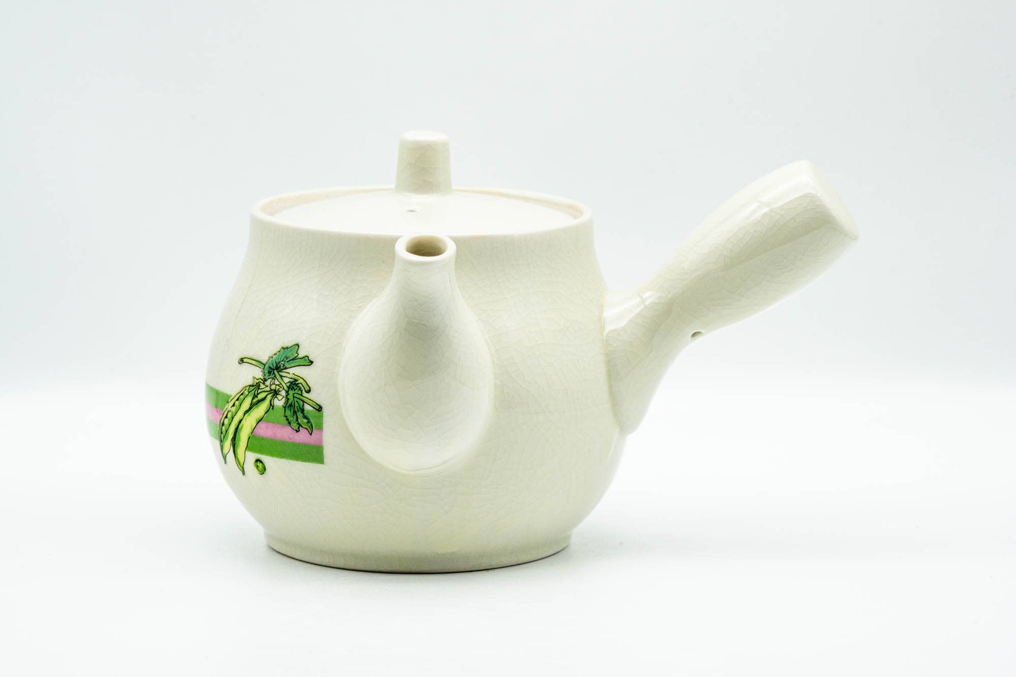 Japanese Kyusu - Beige Green Striped Snow Peas Kutani-yaki Debeso Teapot - 400ml