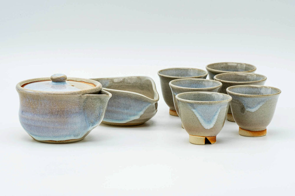 Japanese Tea Set - Drip-Glazed Hagi-yaki Houhin Teapot - Katakuchi Water Cooler - 2 Guinomi Teacups