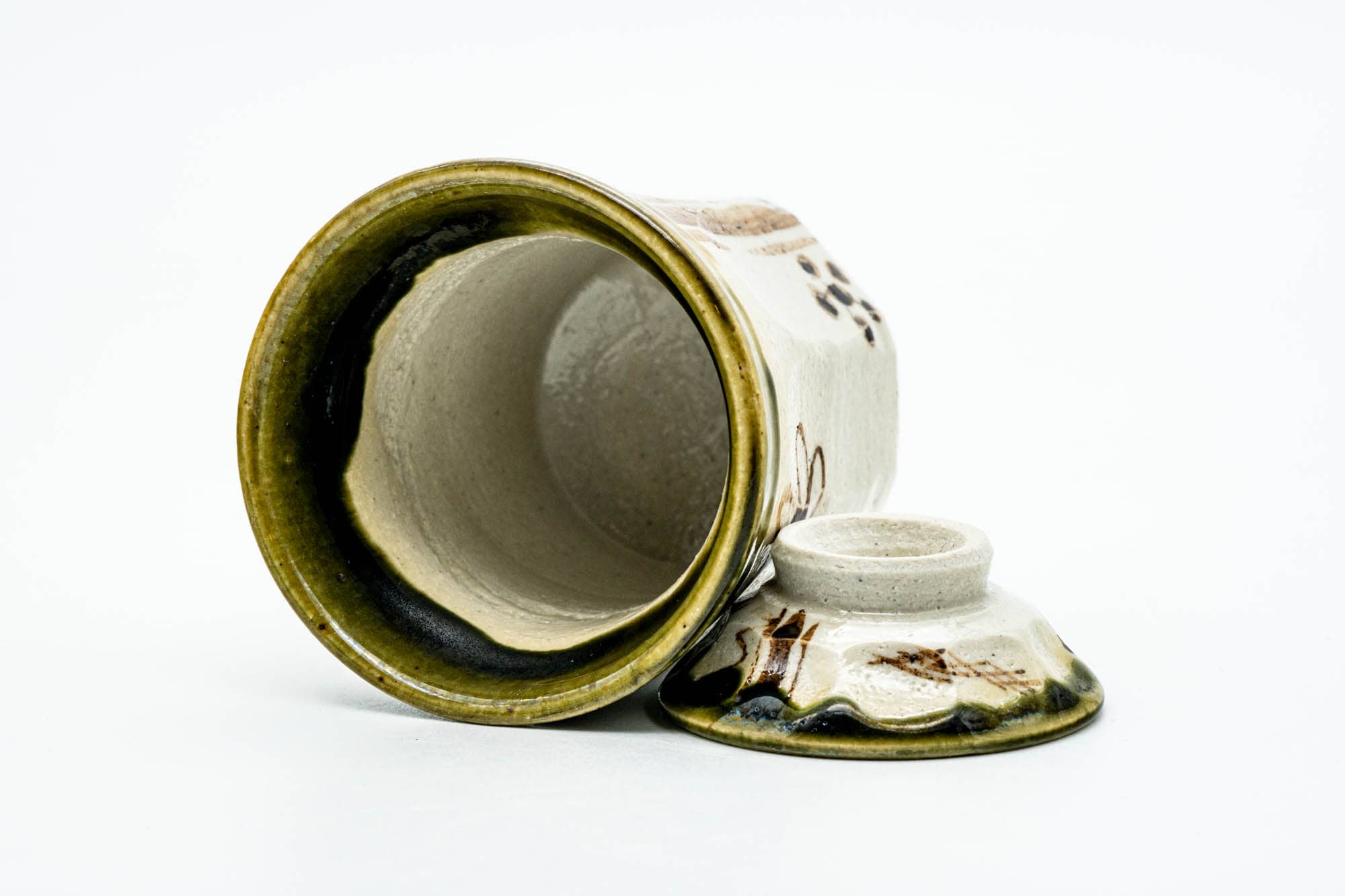 Japanese Teacup - Floral Striped Oribe-yaki Lidded Yunomi - 100ml