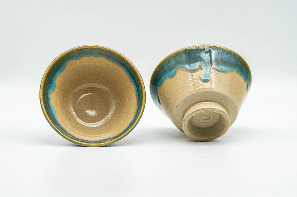 Japanese Teacups - Pair of Beige Turquoise Drip-Glazed Agano-yaki Yunomi - 70ml