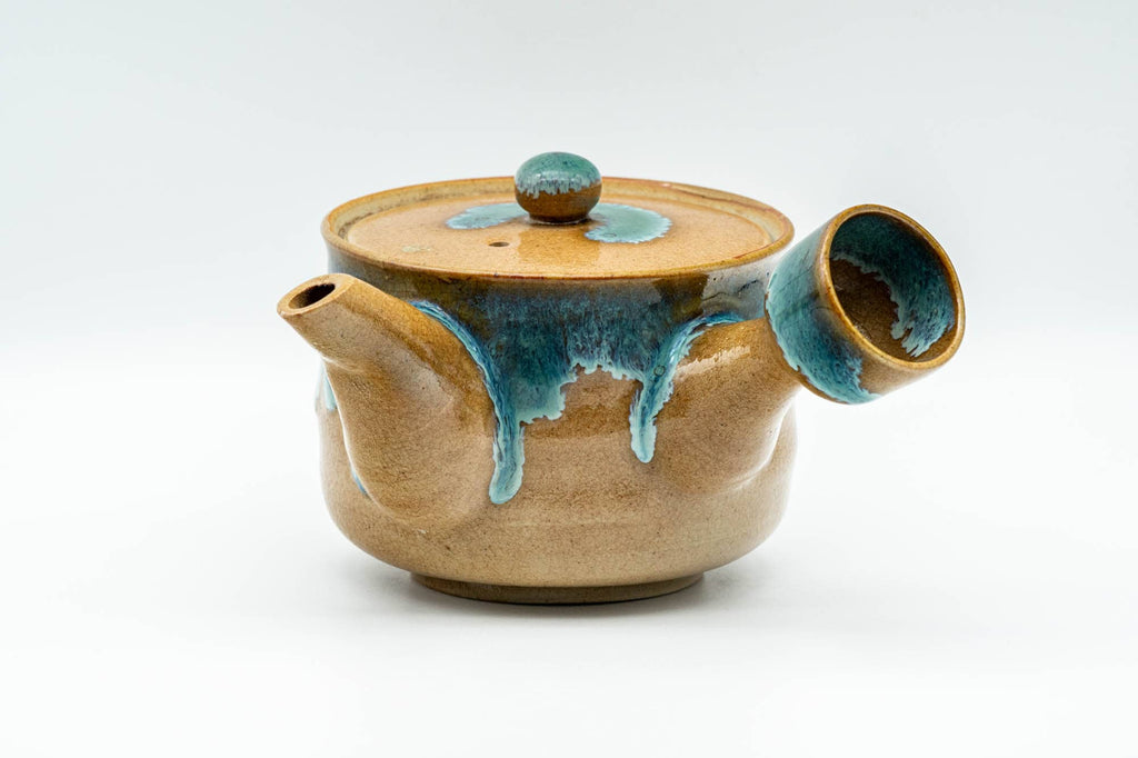 Japanese Tea Set - Agano-yaki Blue Drip-Glazed Do-ake Kyusu Teapot with 2 Yunomi Teacups