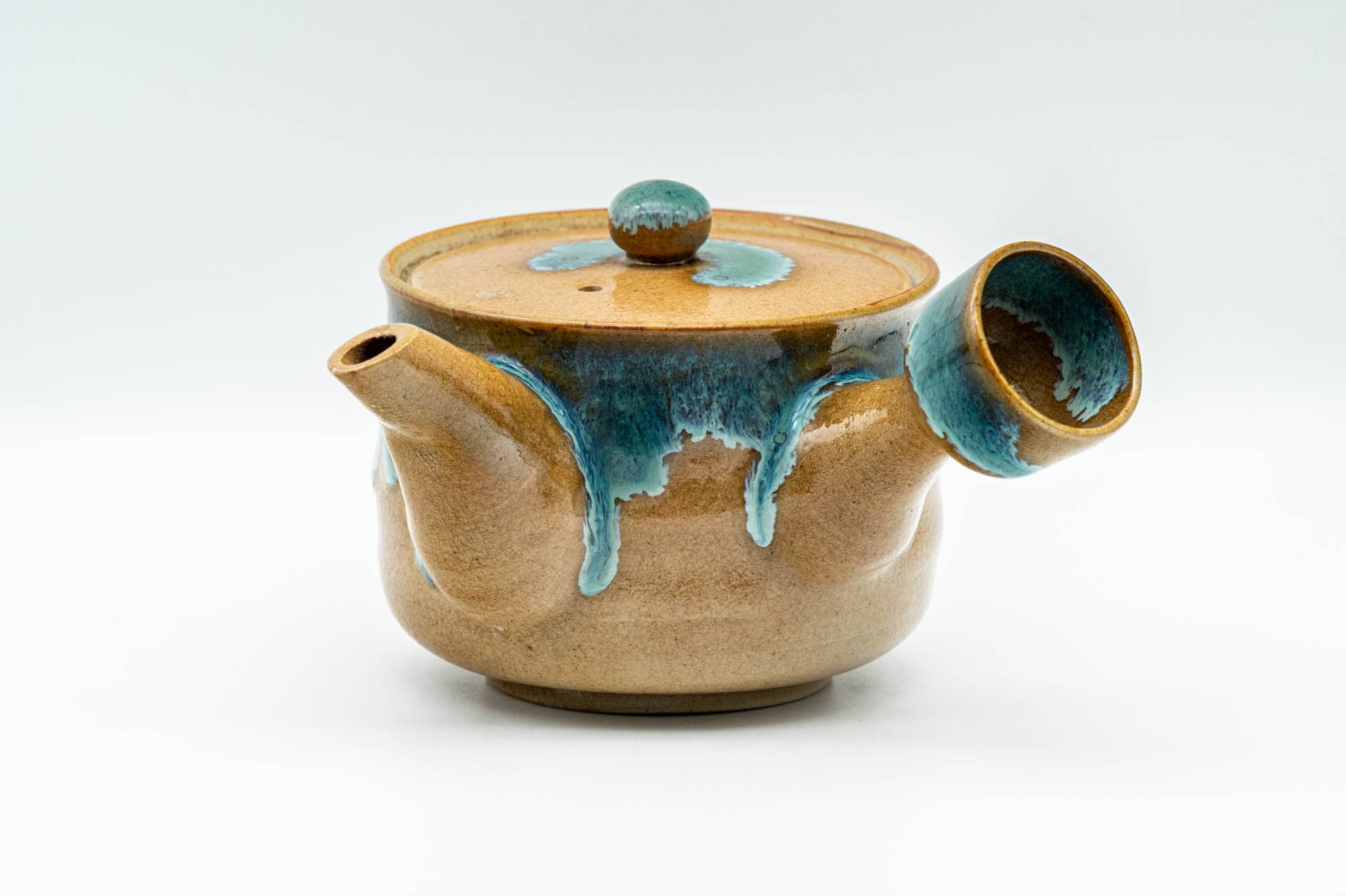 Japanese Tea Set - Agano-yaki Blue Drip-Glazed Do-ake Kyusu Teapot with 2 Yunomi Teacups