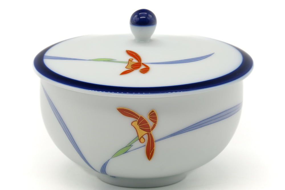 Japanese Teacup - Blue Trim Floral Arita Lidded Yunomi - 170ml