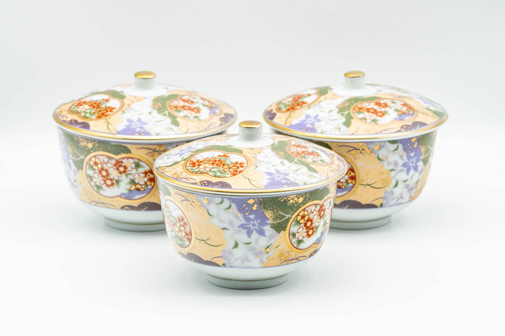 Japanese Tea Set - Floral Arita-yaki Dobin Teapot with 3 Lidded Yunomi Teacups