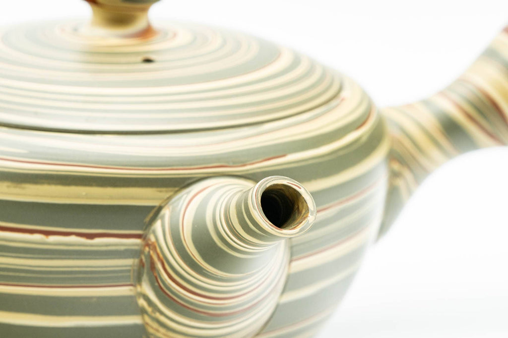Japanese Kyusu - 陶仙 Tosen Hida - Green Yellow Spiraling Nerikomi Tokoname-yaki Teapot - 200ml